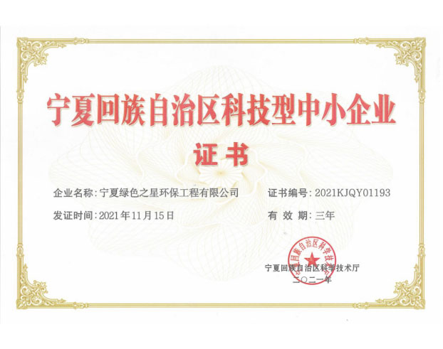 宁夏回族自治区科技型中小企业证书